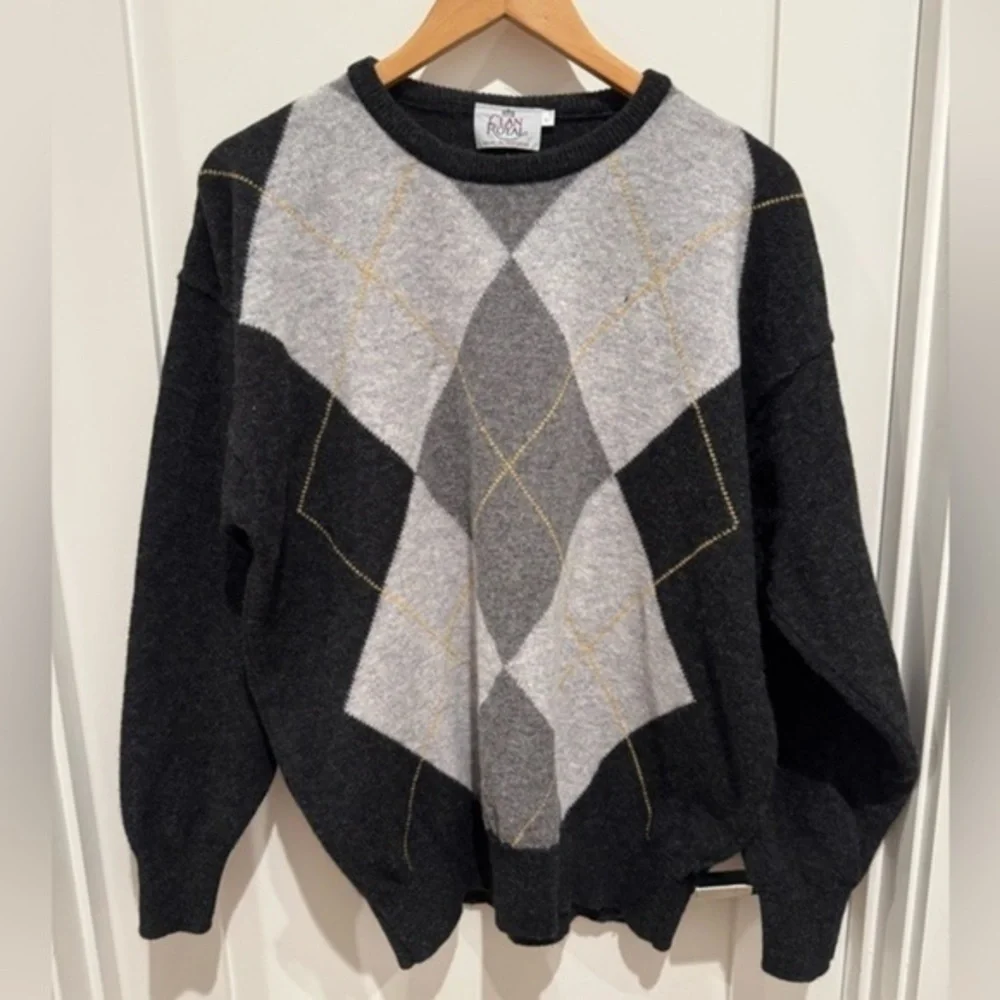 CLAN ROYAL Vintage Lambswool Sweater sz L Scotland Golf gray White black - Picture 1 of 7